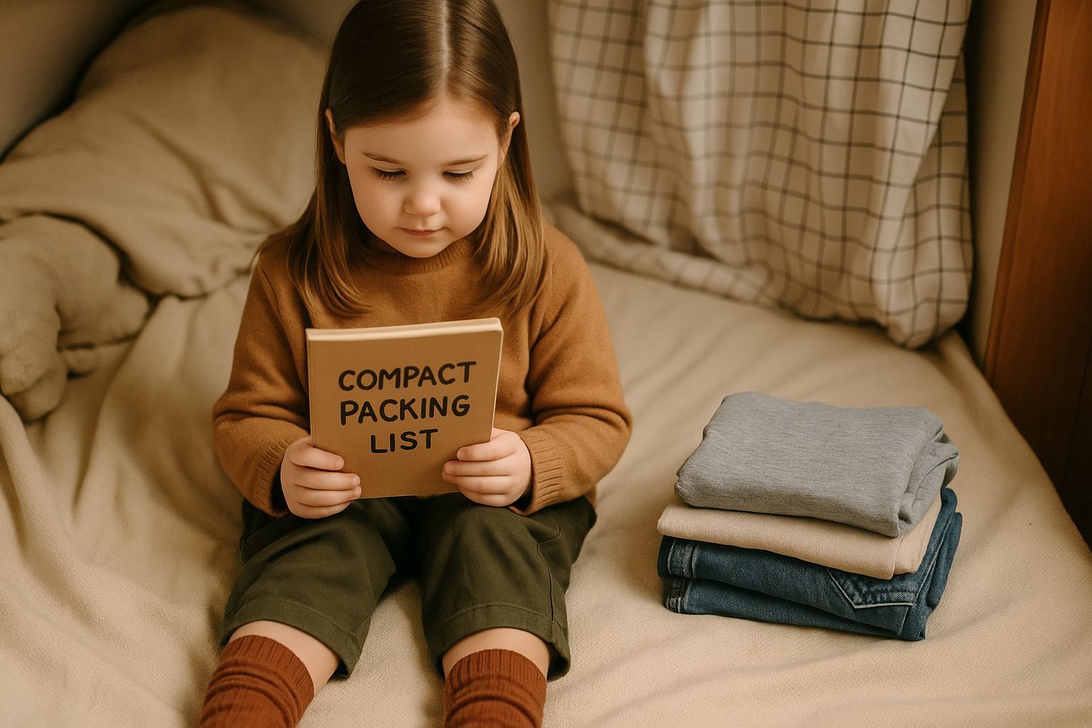 Een georganiseerde, compacte paklijst met kinderkleding en toiletartikelen voor een reis.