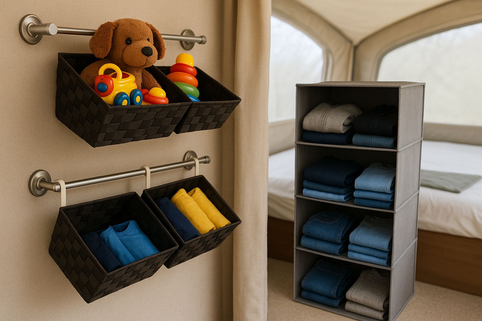 Slimme opbergoplossingen in een caravan voor speelgoed en kleding.